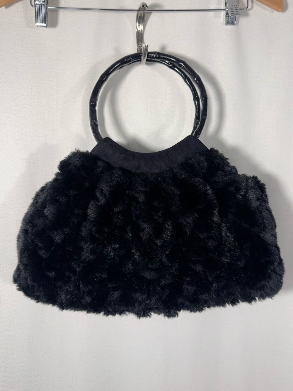 Vintage Black Faux Fur Bamboo Handle Bag